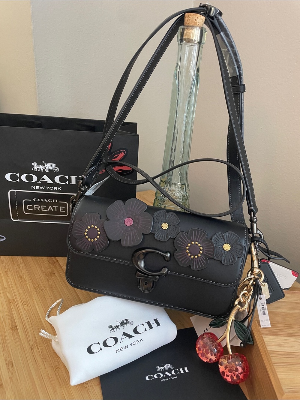 NWT Coach 5 Tea Rose Mini Baguette Bag, Coach Pink Cherry Charm & Cherry Hangtag - Picture 1 of 17